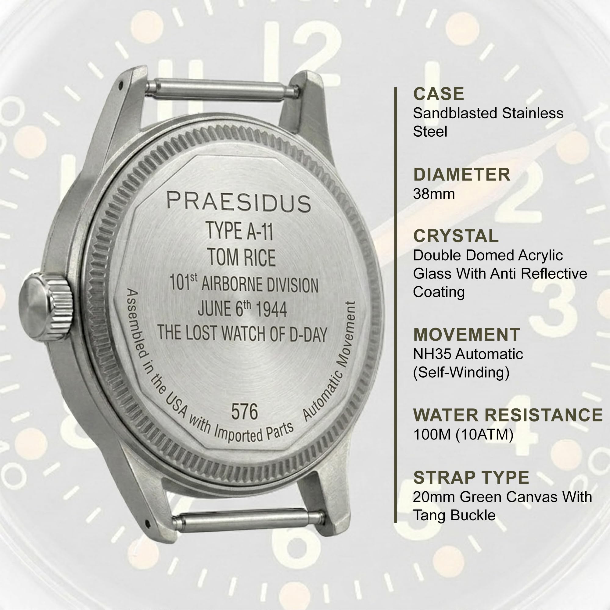PRAESIDUS | Reloj de Servicio A-11 (Edición Tom Rice) - Relojes para Hombres - A11 Militar - Vidrio acrílico, caraguilla Negra de 38mm y Correa de Lona Verde - Montado en EE.UU., WW2