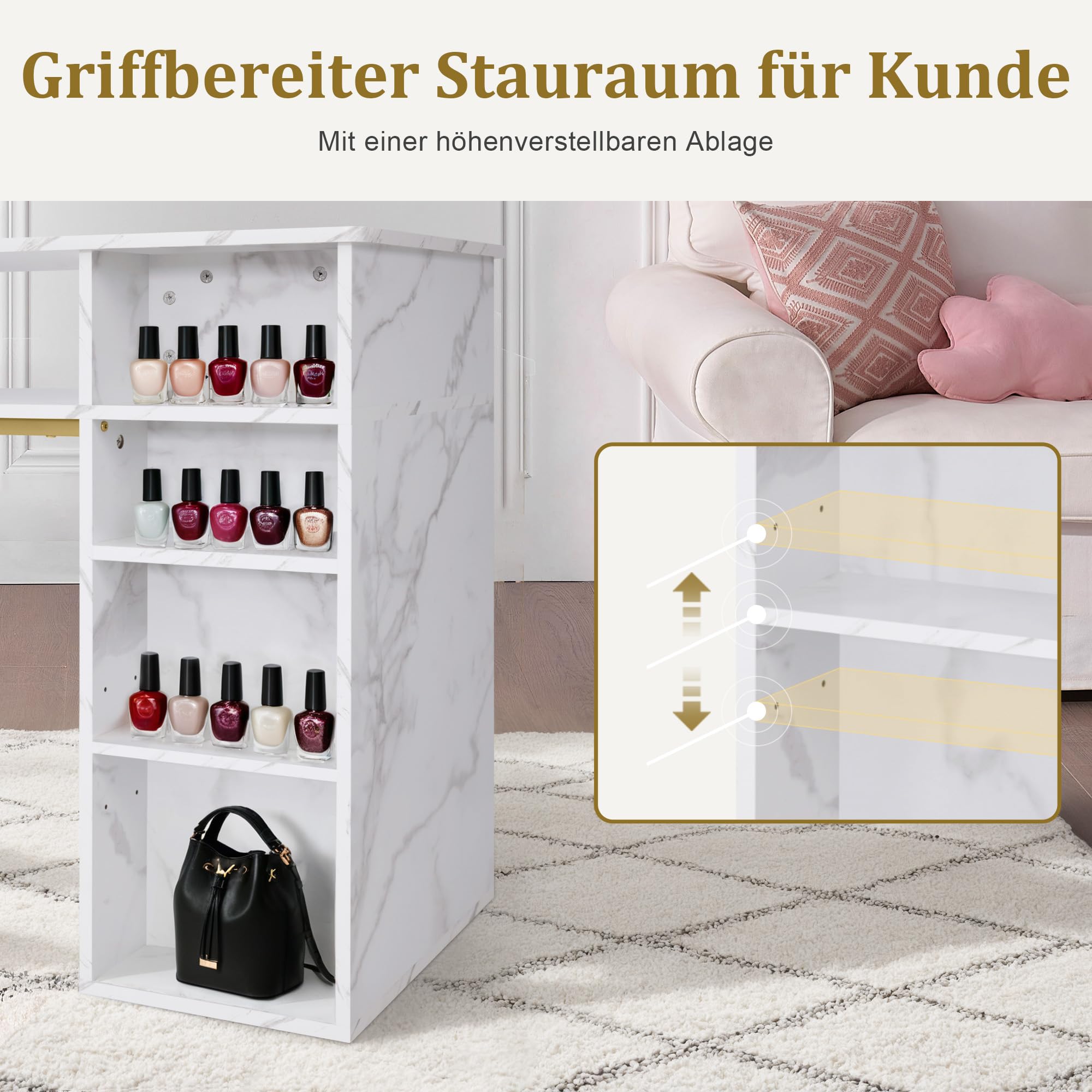 Barberpub Manikürtisch mit Schublade & Schrank, Nageltisch mit Absaugung, 3 Steckdosen, 2 Staubsaugerbeuteln, Nagelfrisiertisch Holz, Schreibtisch für Nagelstudio, Marmor-Weiß Gold, 50x110x82cm, 2491