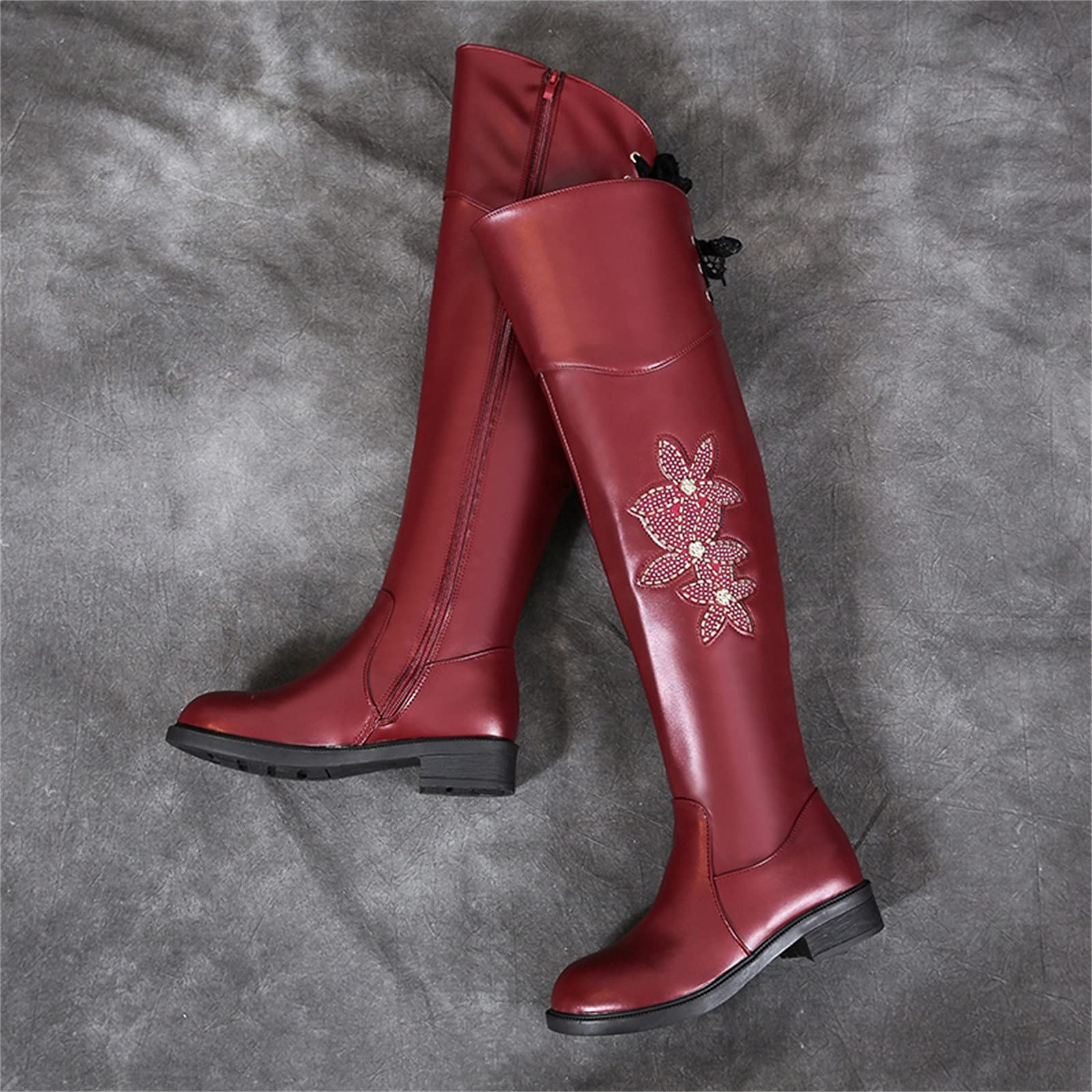 Zapatos de Mujer Zapatos Largos para Mujer Botas de Flores Botas de Montar a la Moda para niñas con Pedrería y Flores Cremallera Lateral