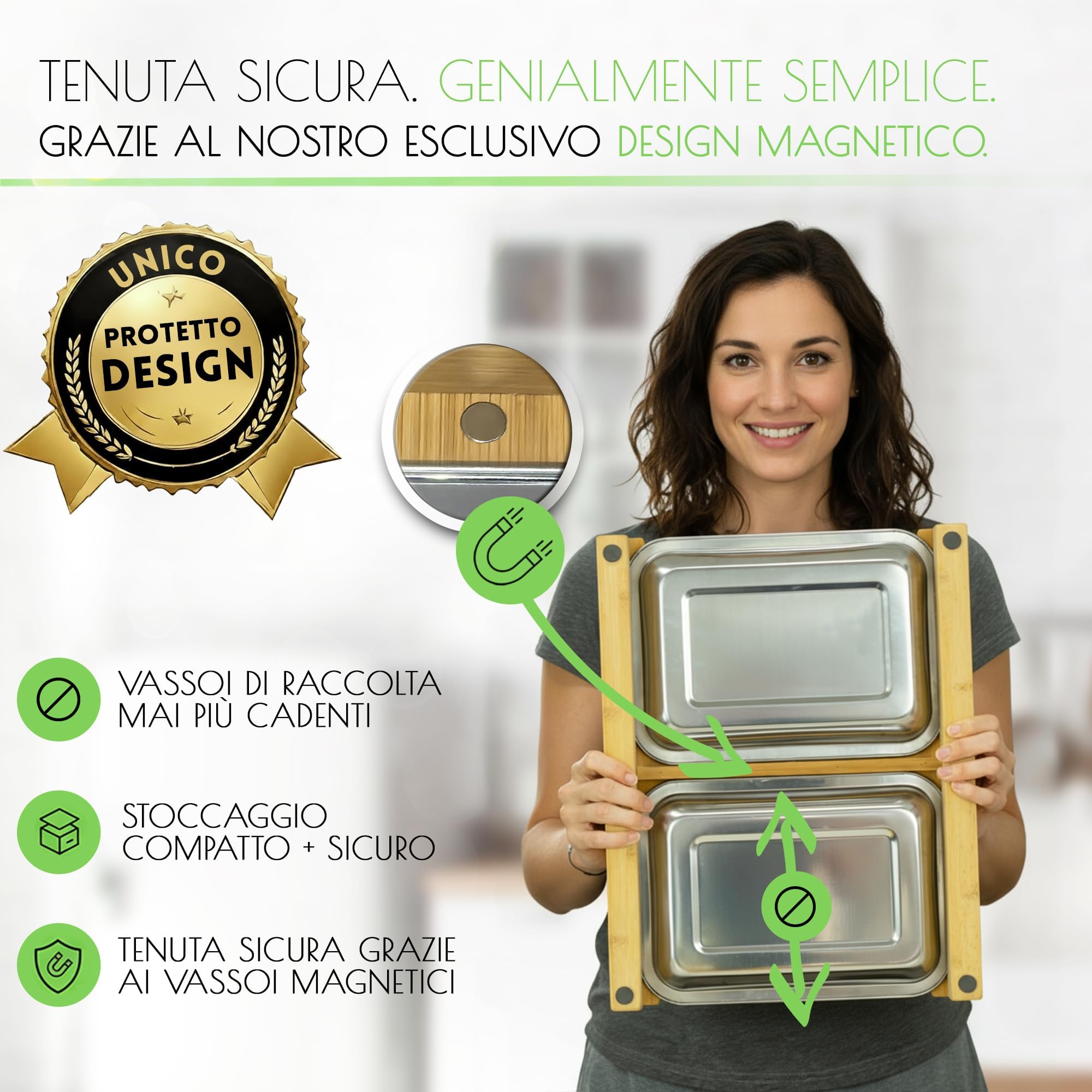 naturlik Tagliere da cucina in bambù con vassoi magnetici – Doppio contenitore per alimenti e scarti, pratico, resistente, FSC® – Tagliere legno