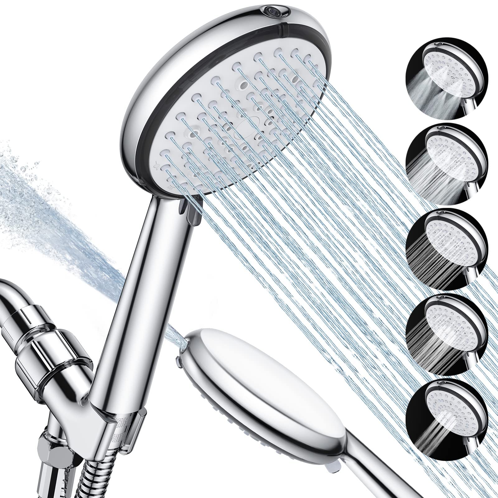 SYOSI Shower Head with Handheld, , 6-Mode High Pressure Shower Heads and Built-in Power Wash Sprayer, Adjustable Bracket and Extra Stainless Steel Hose, Silver