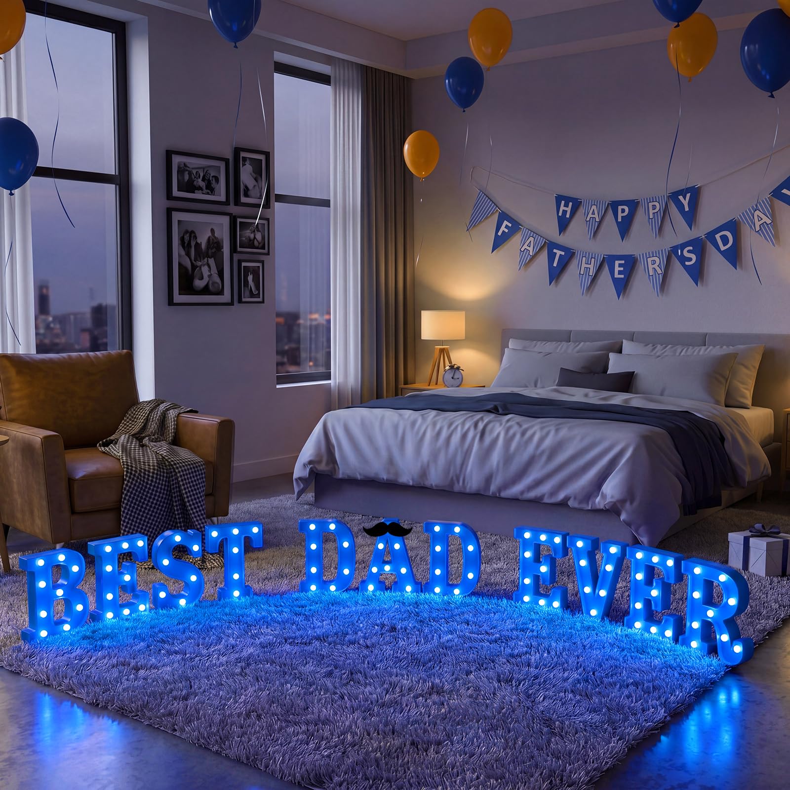 Ganeen Decorazione in plastica per festa del papà, con scritta in inglese "Best Dad Ever", con scritta in inglese "Best Dad Ever", decorazione da tavolo con baffi, decorazione per casa, mensola da