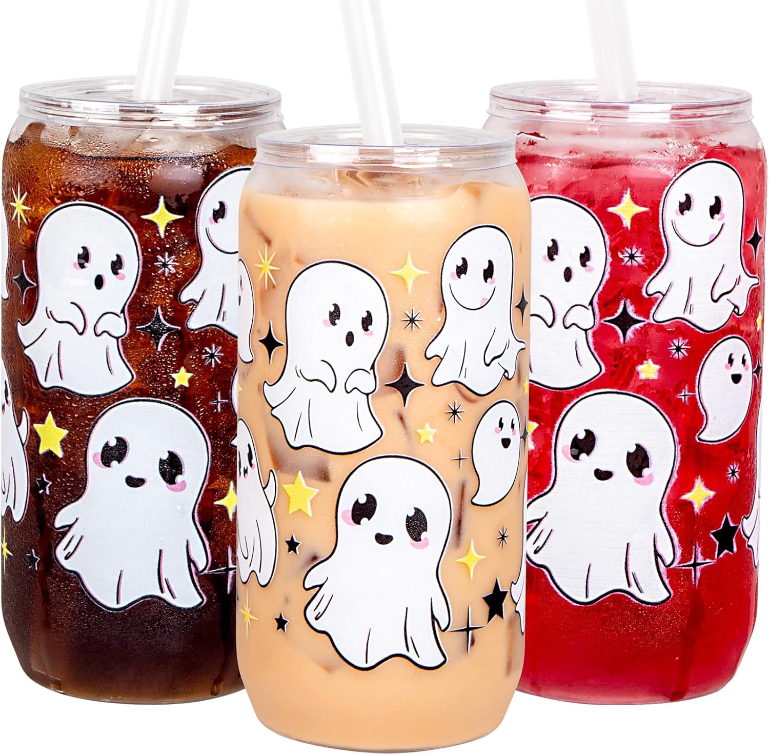 Ciaell 16 PCS Halloween Ghost Plastic Cups - 16 Oz Unbreakable Can Shaped Drinking Glasses - Disposable Boba Glasses with Lids and Straws for Coffee Cocktail Soda Smoothie Halloween Party Cute Ghost