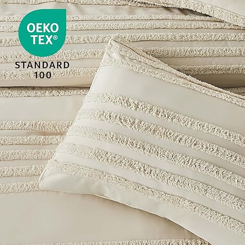 Miniatura 2 de BEDELITE Juego de edredón bohemio tamaño Queen, juego de cama de 3 piezas a rayas beige copetudo, edredón vintage de granja suave y crema para todas