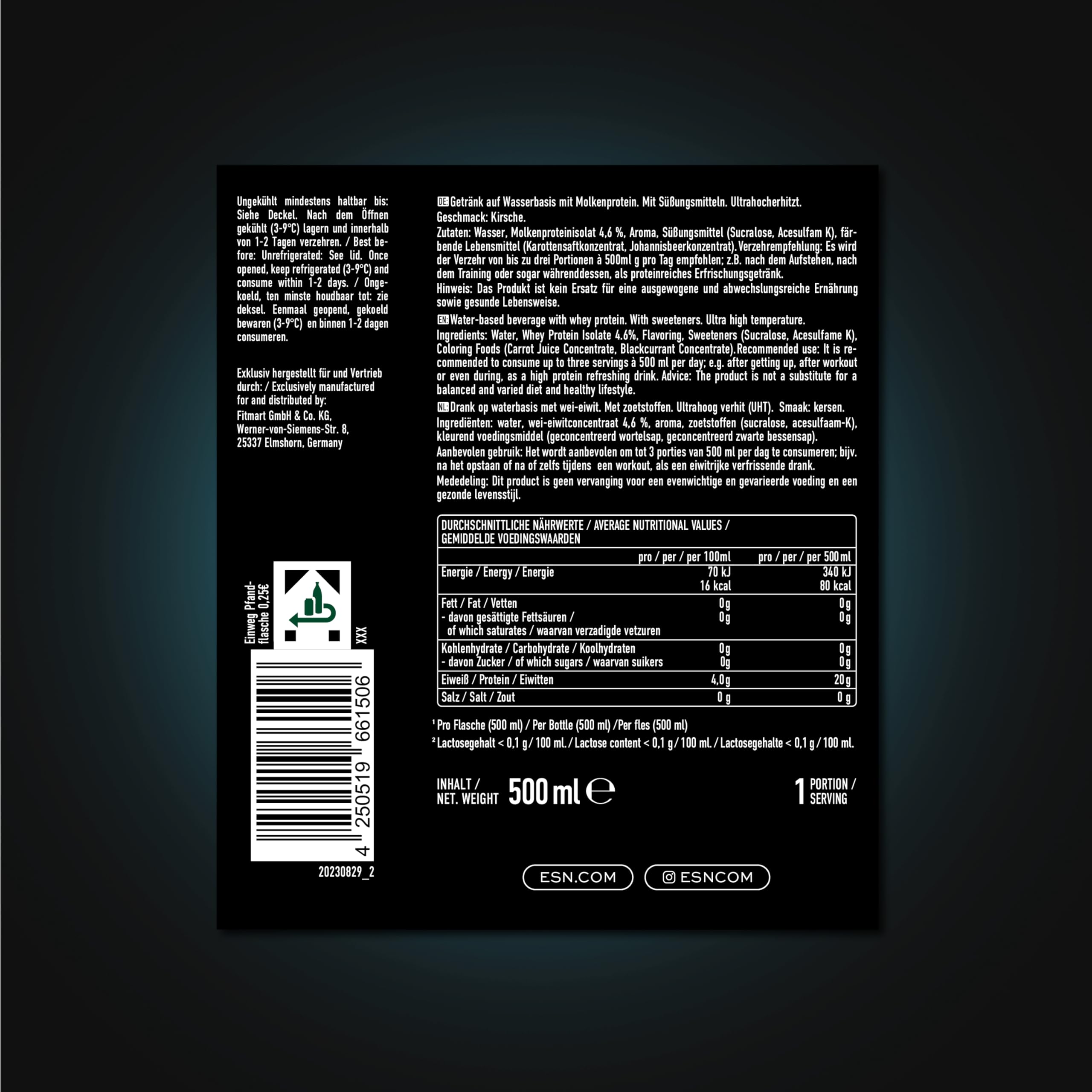 ESN ISOCLEAR Protein Clear Drink RTD, Fresh Cherry, 8 x 500 ml, trinkfertiger Protein-Drink - fruchtig, klar und erfrischend