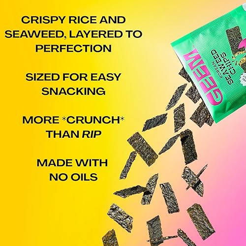 Miniatura 4 de GEEM Snacks de algas marinas, chips de algas coreanas con patatas fritas de arroz y sésamo, aperitivo crujiente, sin aceite, vegano, sin OMG, ideal