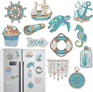 INCOK Ocean Diamond Art Refrigerator Magnets - 12 PCS DIY Diamond Painting Fridge Magnets Kit with Seahorse Sea Turtle Cruise Ship Compass Pattern Home Decor Birthday Gift for Adults Beginners Women