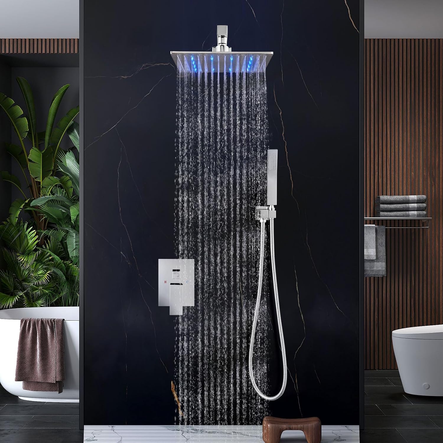 Aolemi Shower Faucet Set with Handheld Spray High Pressure Shower System Shower Faucets Sets Complete Rough-in Valve and Shower Trim Kit Wall Mount Rainfall 12 Inch LED Shower Head Polish Chrome