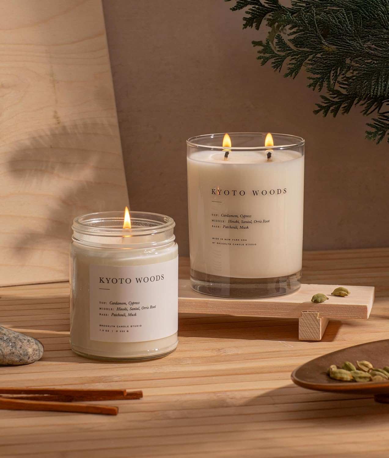 Brooklyn Candle Studio Kyoto Woods 2 Wick Candle – Luxury Scented Candle with Cypress, Hinoki & Santal – Vegan Soy Wax, Hand-Poured in the USA – 70-Hour Burn Time, 13oz