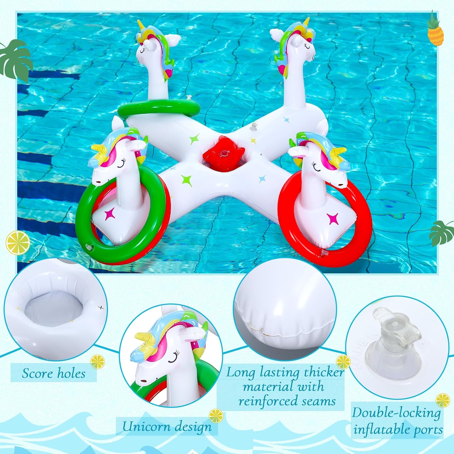 ShinyRelief Unicorn Inflatable Pool Ring Toss 2-in-1 Floating Unicorn Swimming Pool Supplies with 6 Rings 2 Bean Bags 1 Pump for Adults and Family Summer Party Hawaii Party Beach Backyard