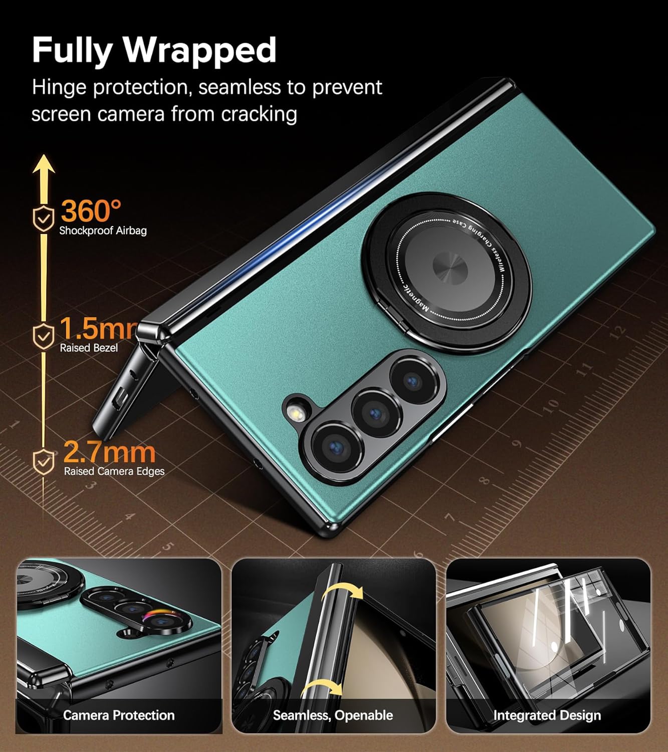 for Samsung Galaxy Z Fold 5 Case with Screen Protector, Hinge Protection Phone Case for Z Fold 5, with Mag-Safe, 360° Rotating Ring Holder, Hard PC Shockproof Full Body Protective Cover (Green)