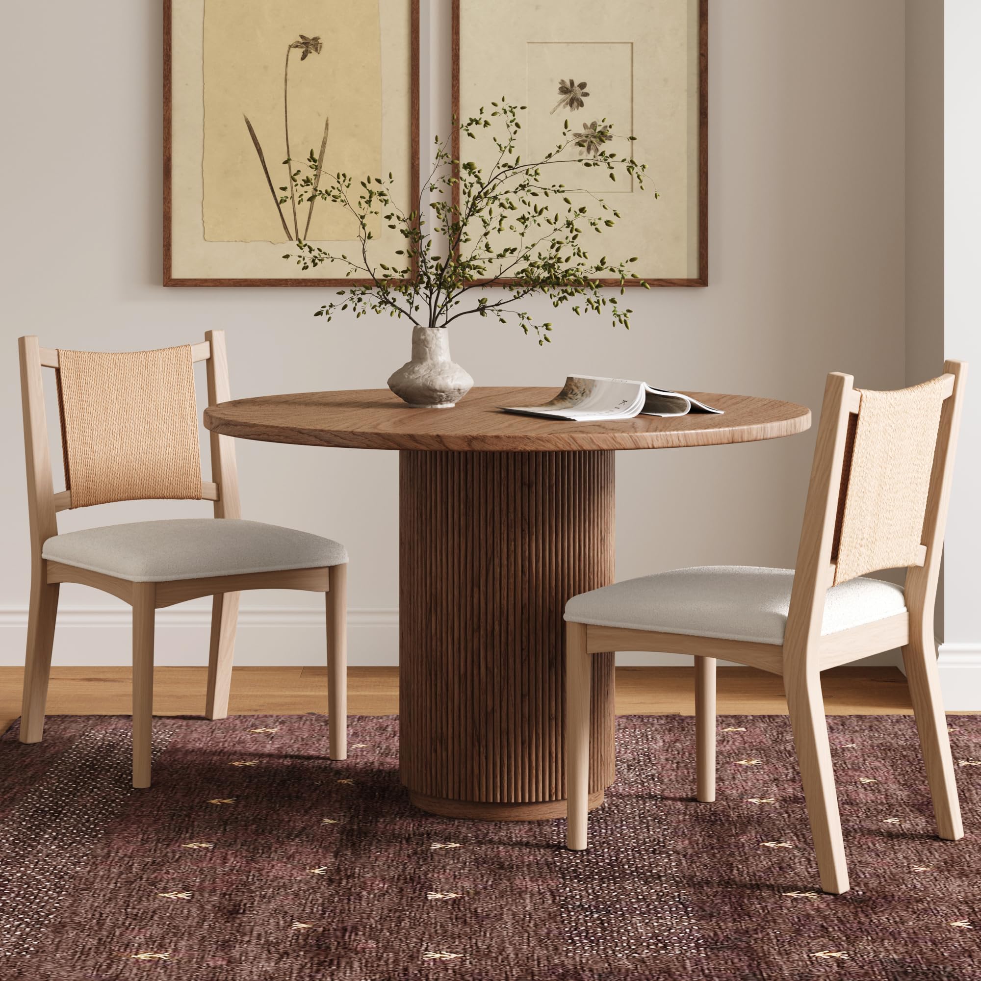 Nathan James Elodia Boucle Upholstered Dining Chair, Seagrass Back and Padded Seat, Raw Oak Set of 2