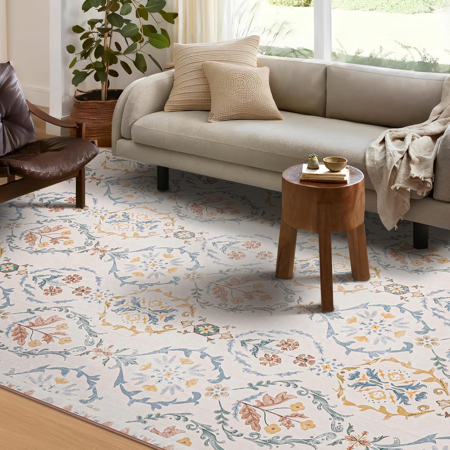 Phantoscope Washable Area Rug 8'x10' Non-Slip, Vintage Floral Boho Rugs for Living Room, Bedroom, DiningRoom, Soft Botanical Moroccan Pattern, Low-Pile Foldable Floor Carpet, Ivory Pink/Boho Garden