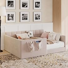 RuiSiSi Full Size Upholstered Floor Bed with Storage Pockets, Velvet Upholstered Daybed with High Guardrails, Montessori Corner Bed for Kids Teens Girls Boys, No Box Spring Needed, Pink