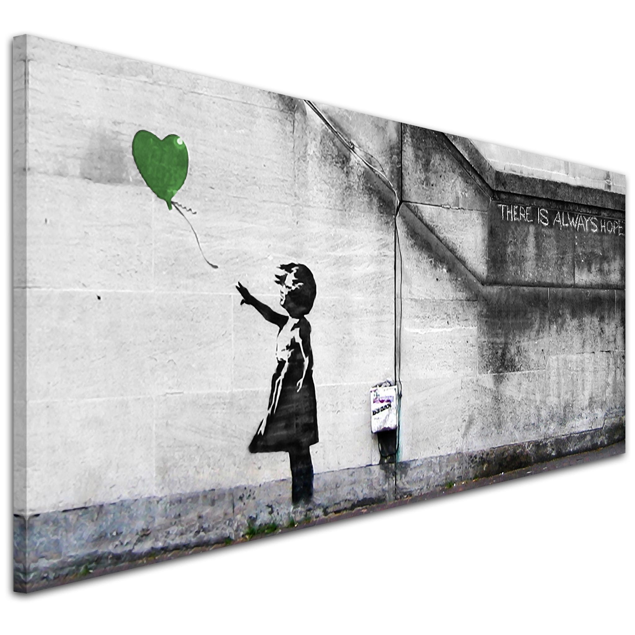 Wallfillers Modern Green Canvas Wall Art of Banksy Balloon Girl - 1222-118x49cm