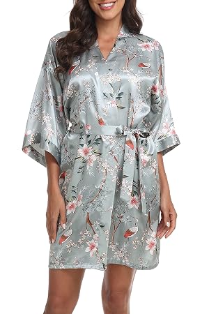 Womens Kimono Robe Floral Silky Satin Bathrobes Wedding Robes for Bride Bridesmaids Soft Dressing Gown