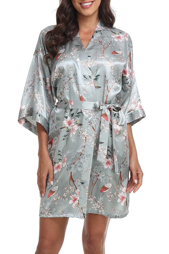 Womens Kimono Robe Floral Silky Satin Bathrobes Wedding Robes for Bride Bridesmaids Soft Dressing Gown