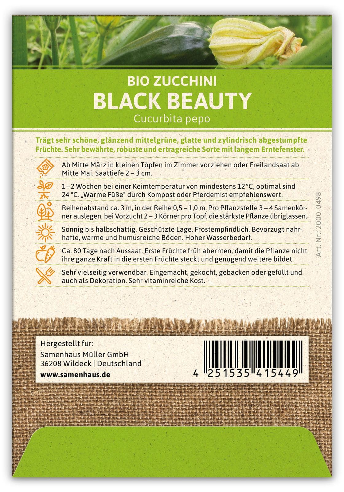 FLORTUS 2000-0498-100x Zucchini Black Beauty (100 Stück) (BIO Zucchinisamen)