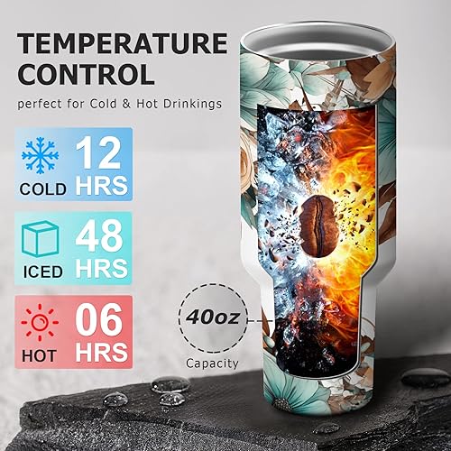 Miniatura 3 de Vaso de viaje floral de acero inoxidable de 40 onzas con asa, taza aislada al vacío de doble pared con tapa y popote