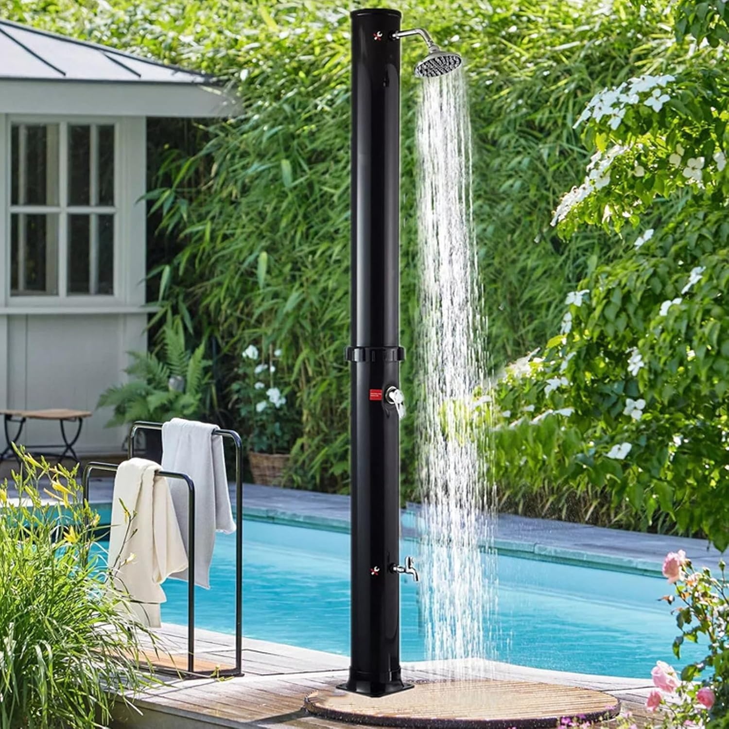 Outdoor Shower Portable Solar Outdoor Shower,W/Shower Head and Foot Washer Tap,38L Standing Poolside Garden Shower,PVC Brass Design for Backyard (Black)