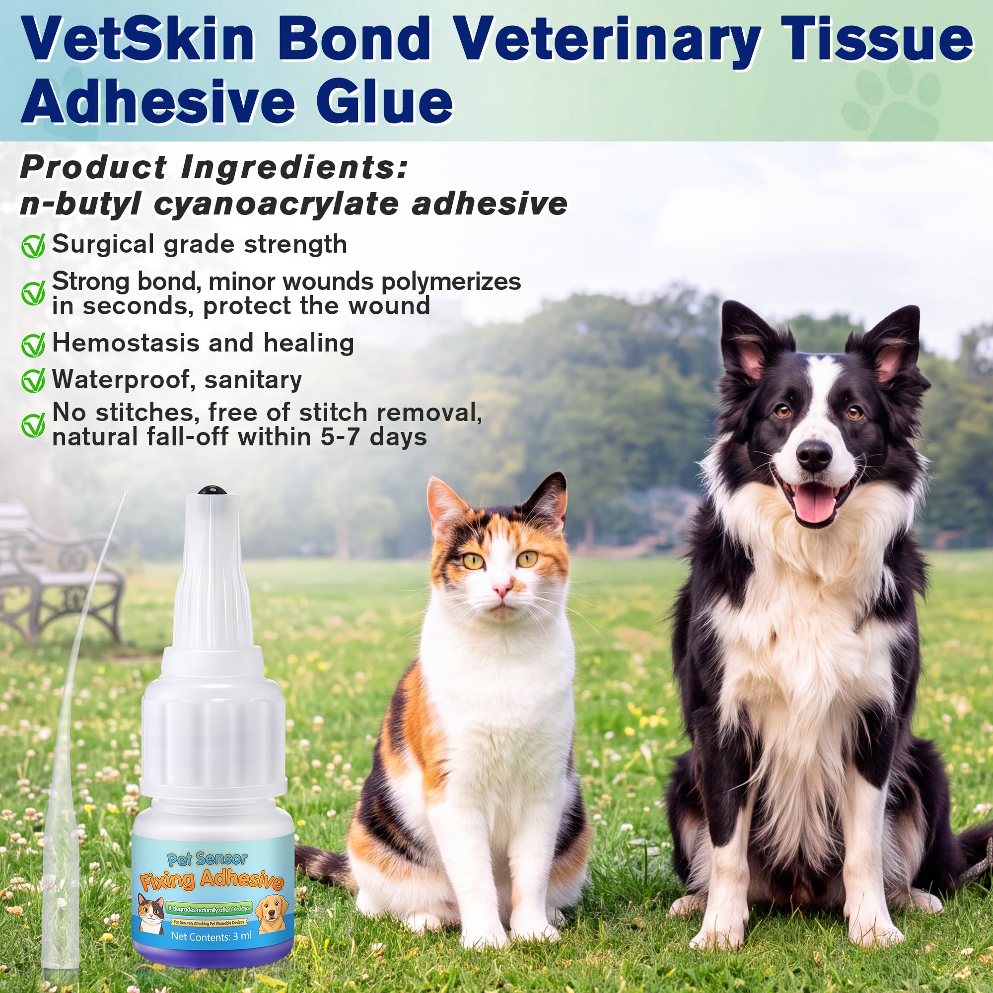 3ml Veterinary Surgical Skin Glue with 10 Applicators, Fast Acting Wound Tissue Glue Sealant, CGM Sensor Adhesive for Pet with Blue Tint for Precise Application, Stay Secure for 10-14 Days — Amazon image 2