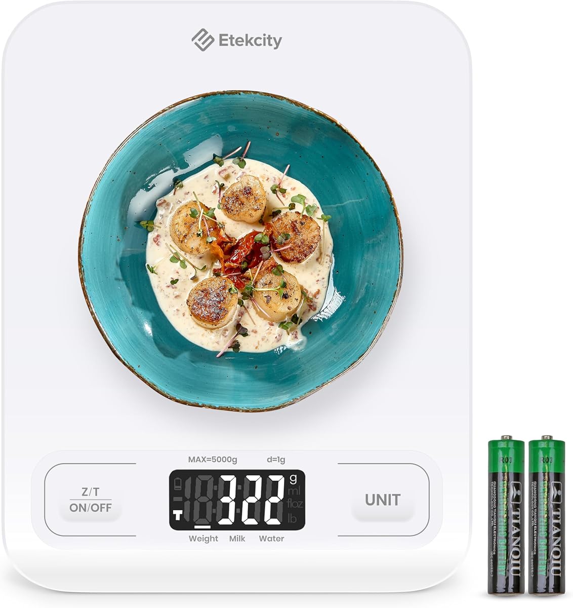 Báscula de cocina para alimentos Etekcity, gramos y onzas digitales para bajar de peso, hornear, cocinar, ceto y preparación de comidas, pantalla LCD, mediana, blanca | Función de tara, ideal para hornear, bajar de peso, ceto, preparación de comidas, paquetes, líquidos y joyería, Blanco