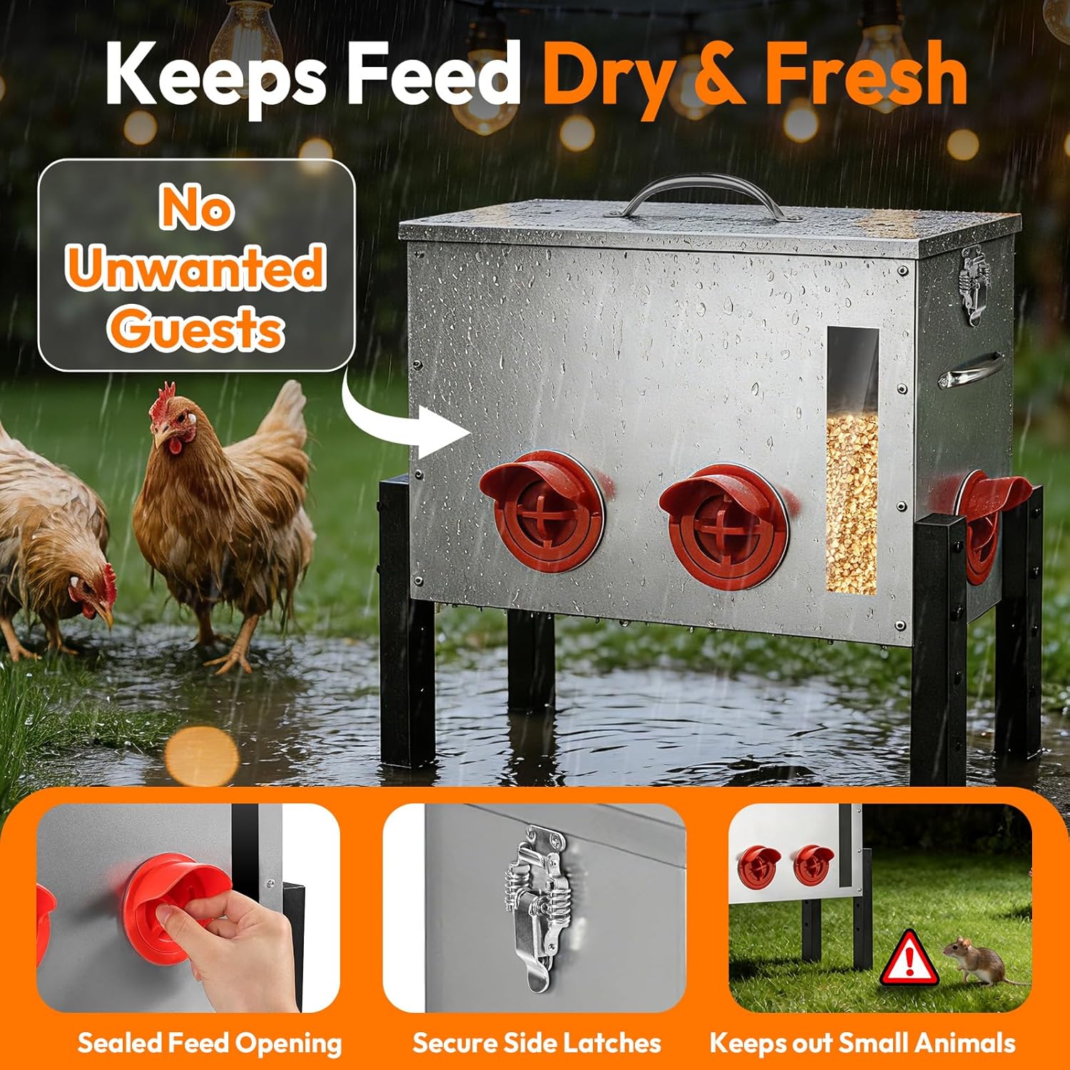 Chicken Feeder Metal 40lb,Automatic Chicken Feeder with Viewing Window,No Waste Height Adjustable Large Capacity Poultry Equipment,Rat Proof,Rodent Proof,Weatherproof Silo,Outdoor Chicken coop