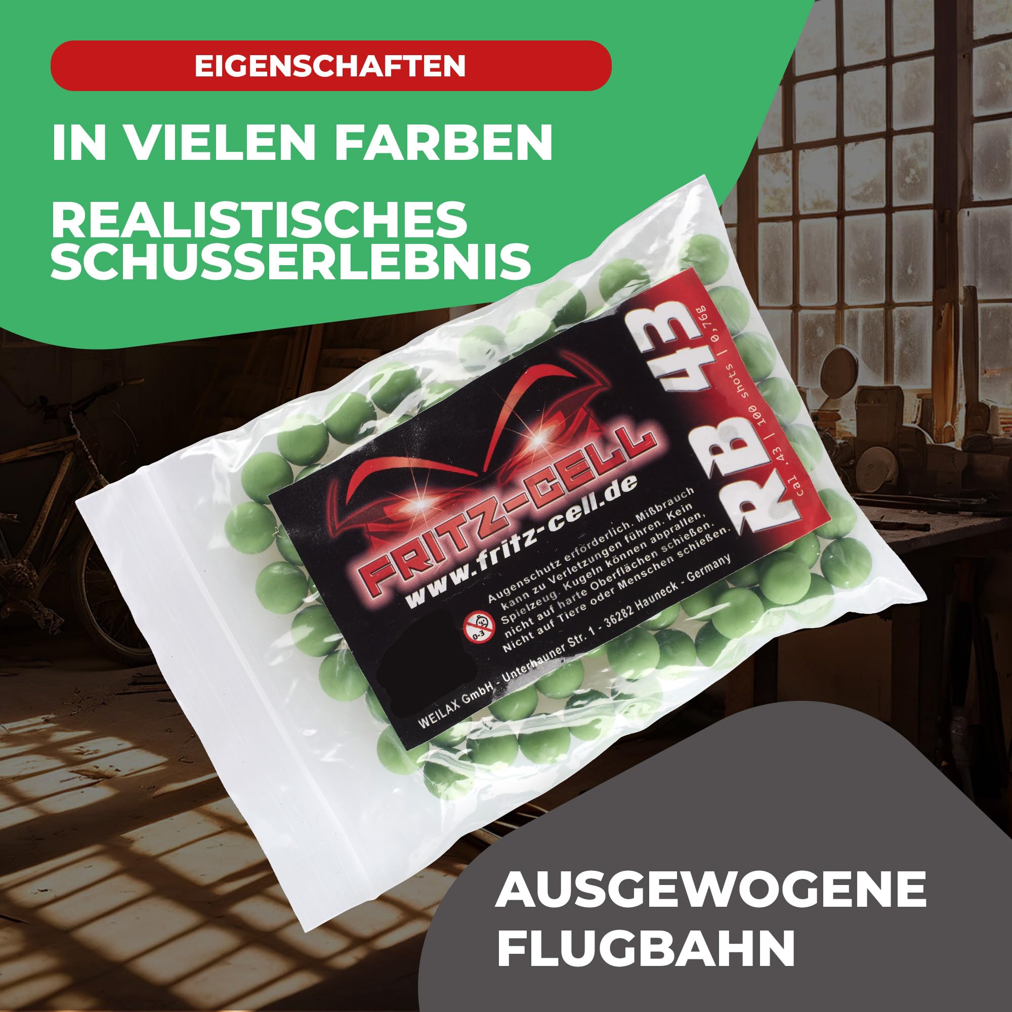 500 x RB Cal.43 grün Rubberball Gummigeschosse Fritz-Cell kompatibel mit T4E HDR50 / HDP5
