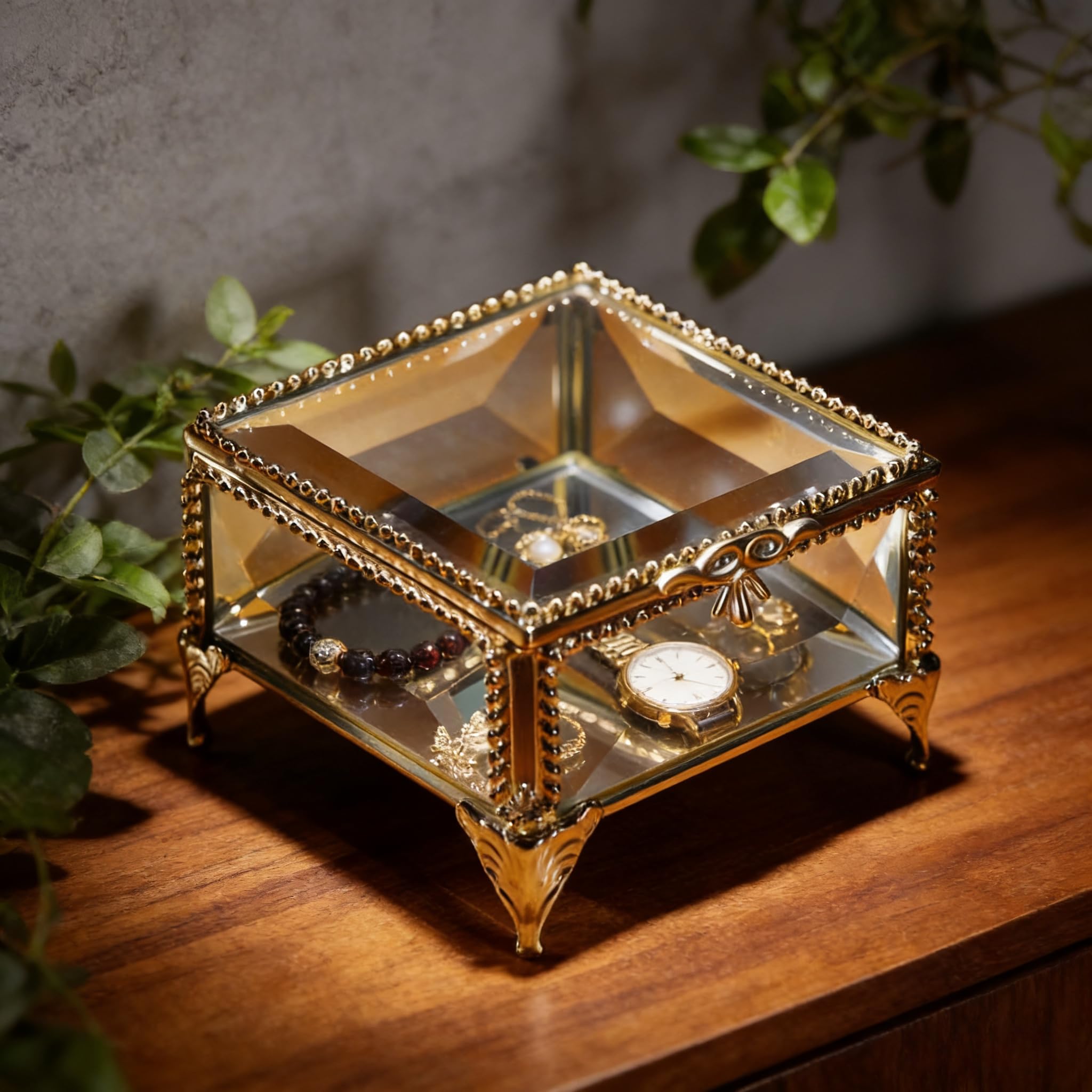 Joyero rectangular de cristal vintage con tapa con bisagras, 8.3 x 8.3 x 5.8 cm, caja de recuerdo para anillos, baratijas y más (dorado)