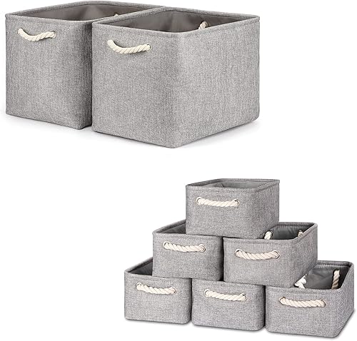 Bidtakay Contenedores de almacenamiento de tela gris, 2 grandes (16 x 11.8 x 11.8 pulgadas) + 6 pequeños (11.8 x 7.8 x 5 pulgadas)