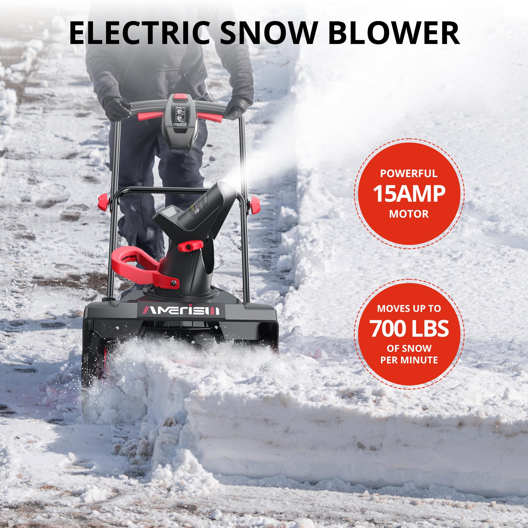 AMERISUN Spazzaneve elettrico da 45,7 cm, lancianeve con filo da 15 Amp con distanza di lancio di 9 m, facile avvio in due fasi, strumento leggero per la rimozione della neve per vialetto, passerella