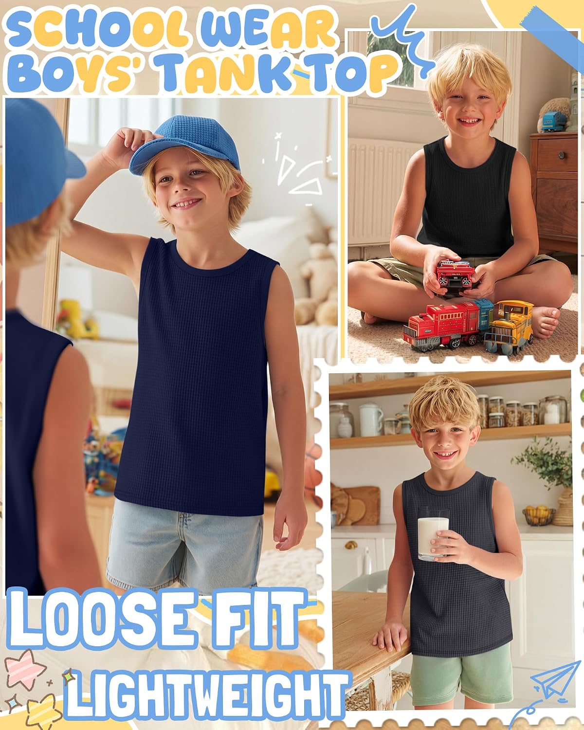 3 Pack Boys' Tank Tops Waffle Crew Neck Undershirts Sleeveless Casual Athletic Summer Shirts for Kids 5-16 Years