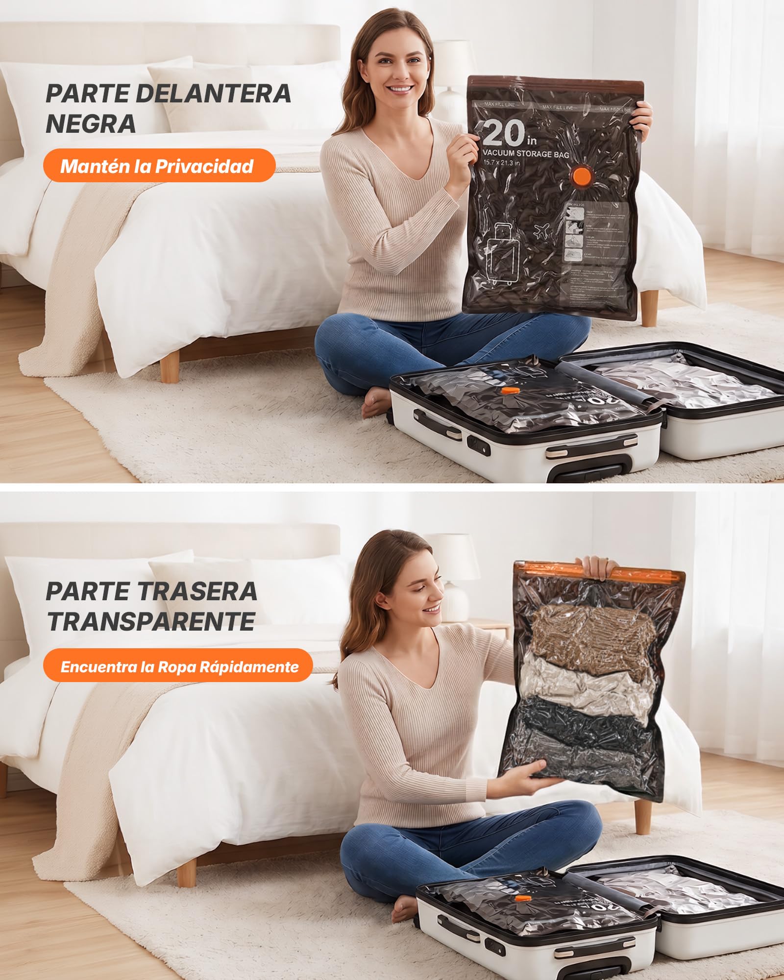 Bolsas Vacio Ropa Viaje con Bomba de Vacío Eléctrica Inalámbrica, Pack de 20 (4 * 74x54, 8 * 64x47, 8 * 54x40) – Ideal para Equipaje de Mano, Ropa de Temporada y Almacenamiento en Casa