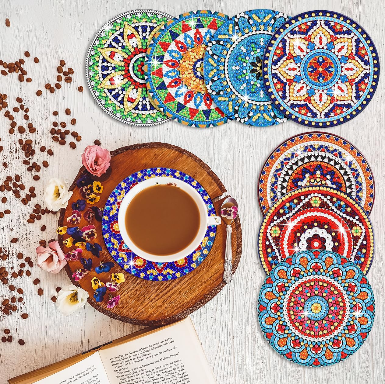 Set Da 8 Sottobicchieri Mandala Con Diamanti - Kit Fai Da Te Per Principianti E Adulti, Con Supporto E Tappetini In Sughero