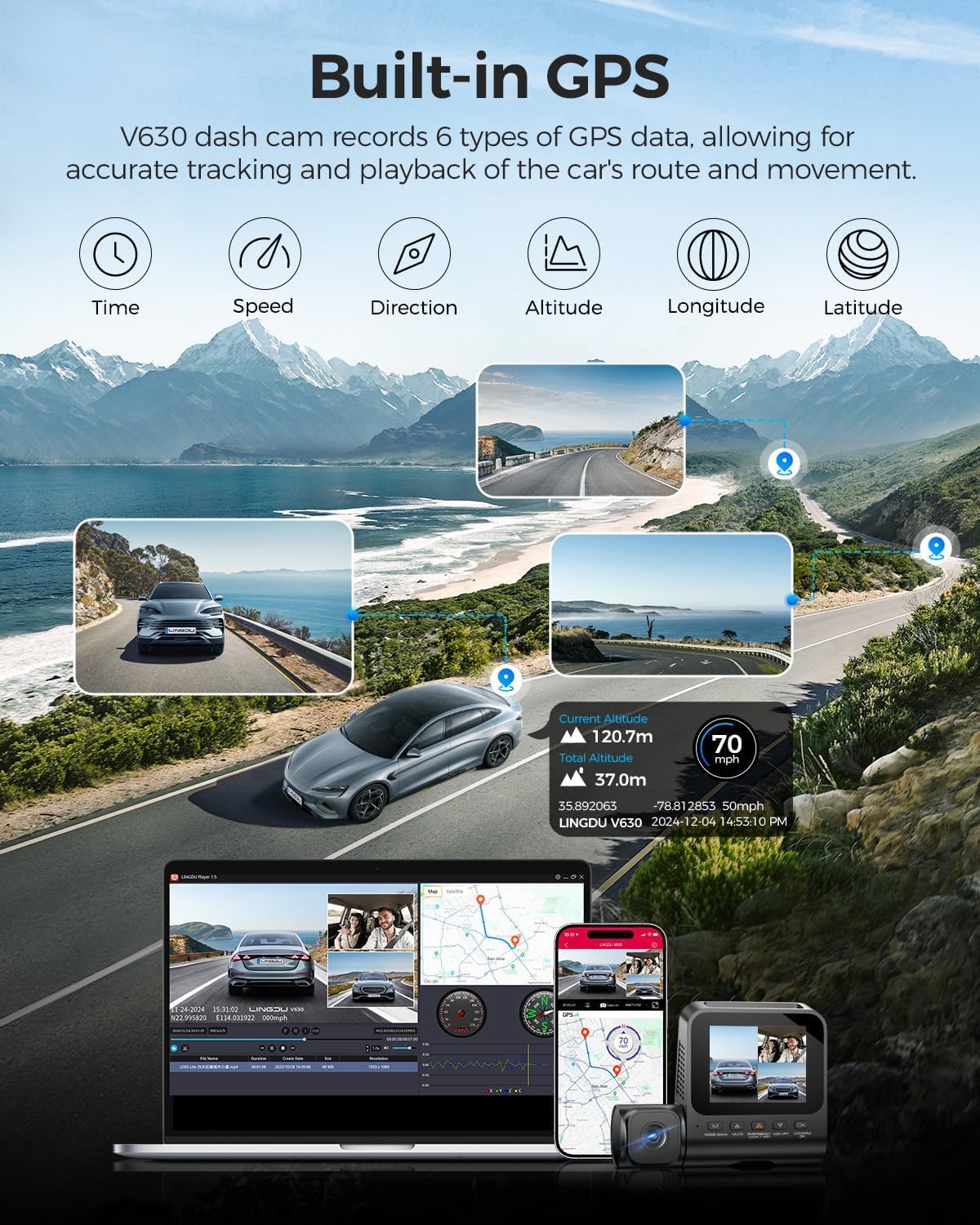 Cámara de Coche WiFi GPS 4K de 3 Canales, 4K+1080P+1080P Dashcam Camara Coche con Visión Nocturna IR, Control de Voz, Tarjeta SD de 64GB, Pantalla IPS de 2.4", Monitor de Aparcamiento 24H V630