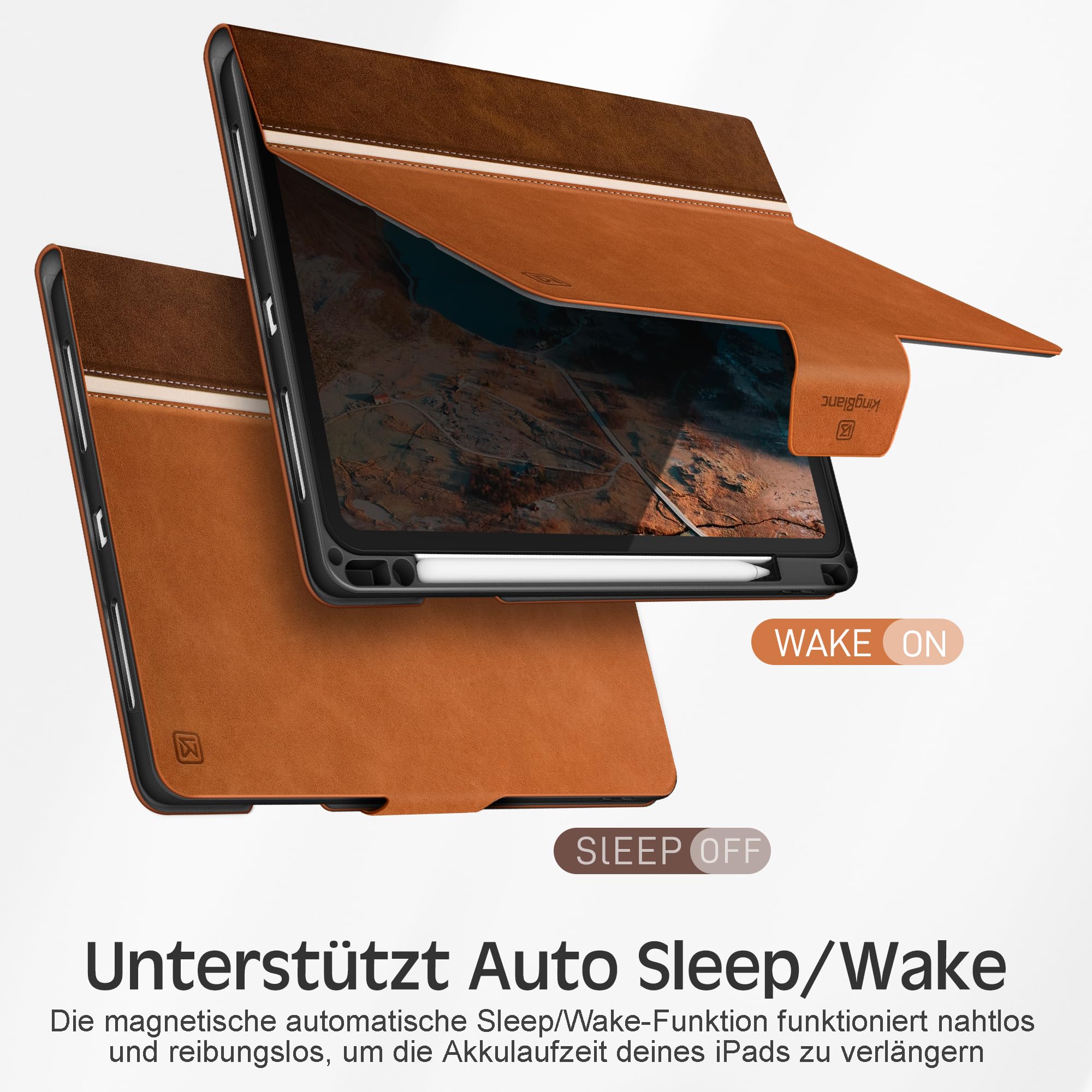 KingBlanc für iPad Air 11 Hülle M4/M3/M2 Air 5/4 Braun | Design im Notizbuchstil, Integrierter Stifthalter, Veganes Leder, Verstellbarer Ständer, Magnetverschluss