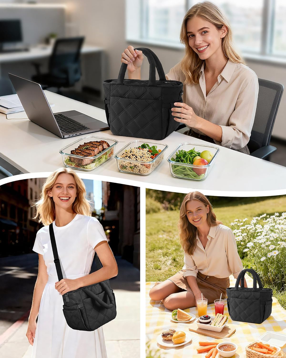 Insulated Lunch Box for Women Men, Soft & Puffy Lunch Bag, Large Capacity Leakproof Reusable Tote Cooler Bag with 4 Pockets, Adjustable Strap, Ideal for Work, Outdoors, Picnic, Travel (Black) - Image 7