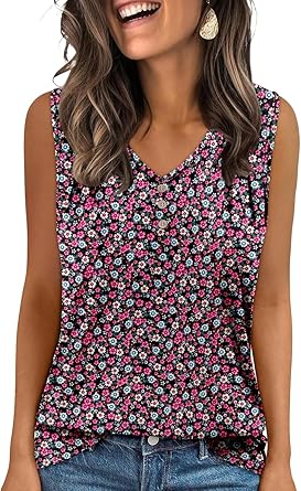 KISSMODA Tank Tops for Women Summer Casual Sleeveless Shirts Dressy Trendy V Neck Tunics Loose Notched Blouses S-3XL