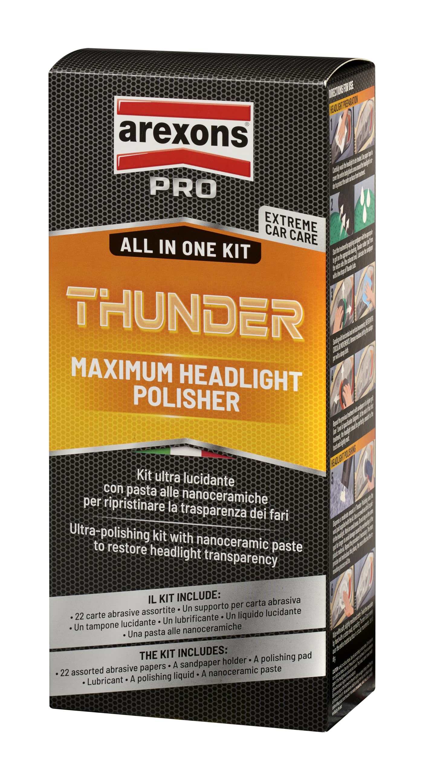 Arexons Car Care Pro THUNDER - Kit Ultra Lucidante Rinnova Fanali, Ripristina la Trasparenza dei Fari, Pasta alle Nano Ceramiche, Lubrificante, Liquido Lucidante e Carte Abrasive
