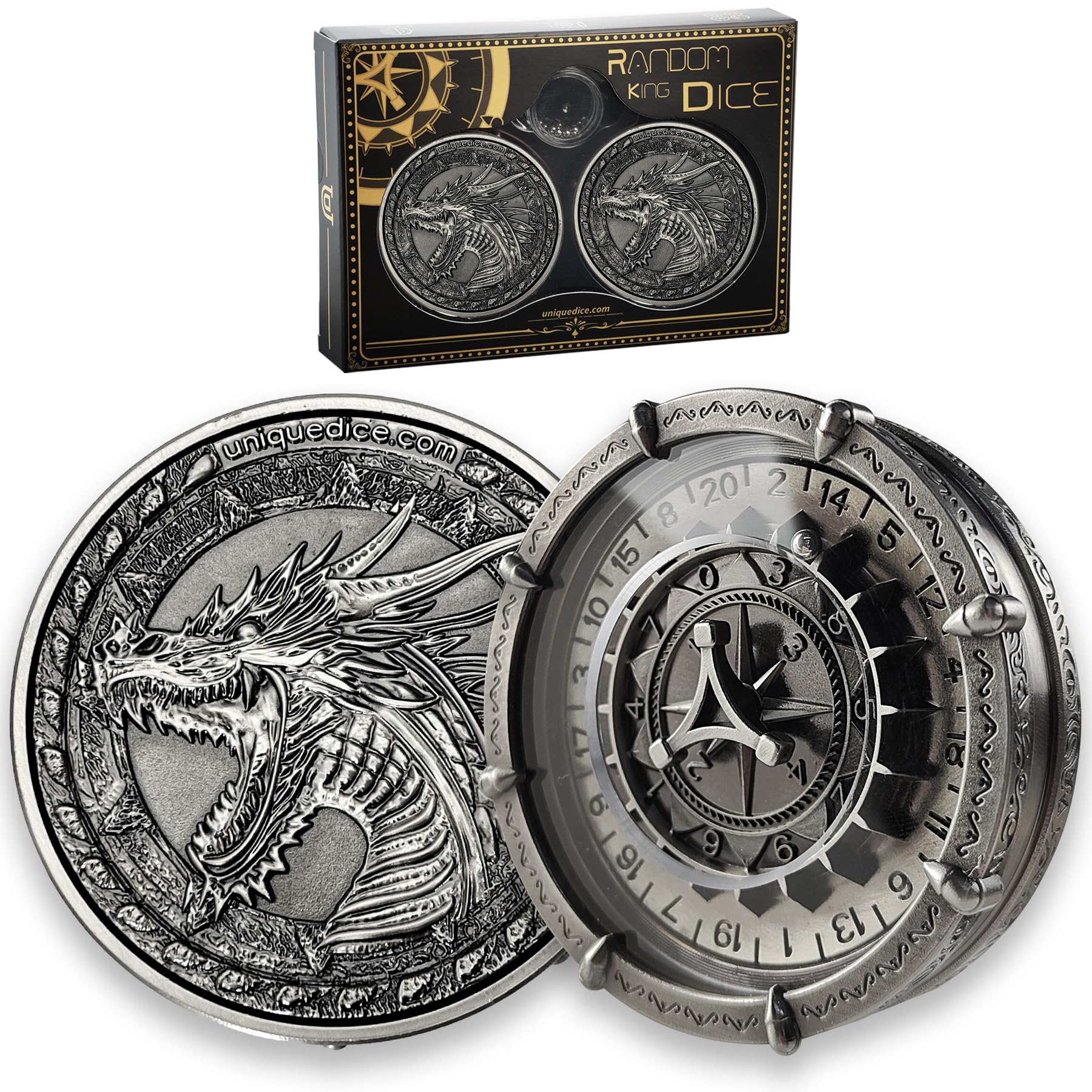 Dragon Random King Dice Set （2 pcs） 7-in-2 Roulette Dice Spinner with Gorgeous Gift Box for Dungeons and Dragons D20 D12 D10 D6 D4 D% - Color Silver