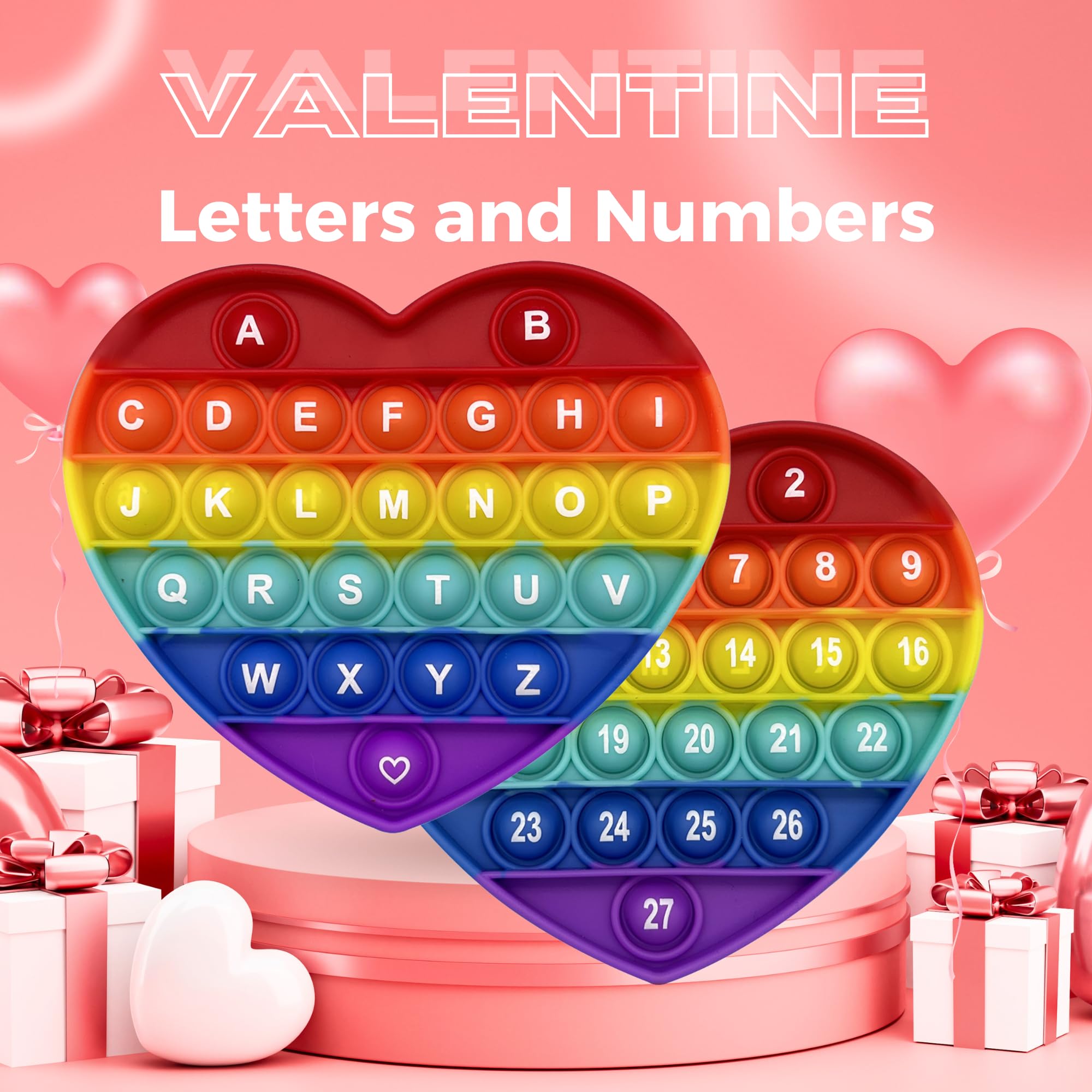 unitedessentialgoods Rainbow Heart Shaped Pop Bubble Valentines Fidget Toy with Letters and Numbers, Xmas Gift Sensory Toy with Alphabets Kids Birthday Party Classroom Prize Stress Reliever 5