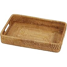 Rectangular Rattan Serving Tray with Handles, Medium | 14.5 x 9.2 x 2.6 Inch Tray, Coffee and Tea Service, Bread and Fruit Display, Ottoman Tray, Natural Woven Decor