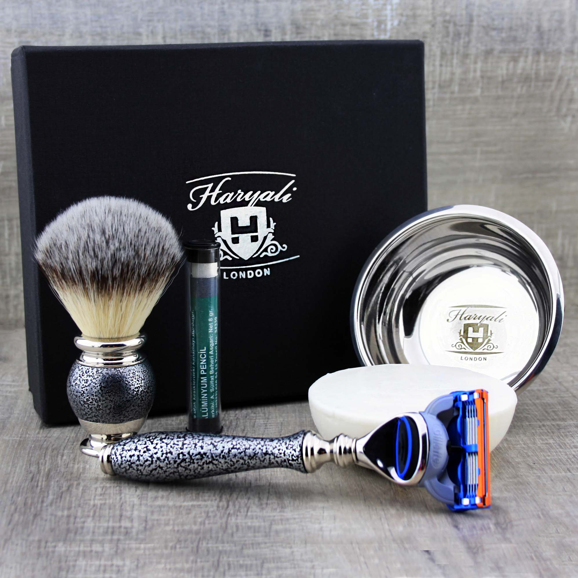 Haryali London 5 Pc Mens Shaving Kit 5 Edge Razor with Synthetic Badger Hair Shaving Brush, Soap, Bowl and Alum Perfect Set for Men