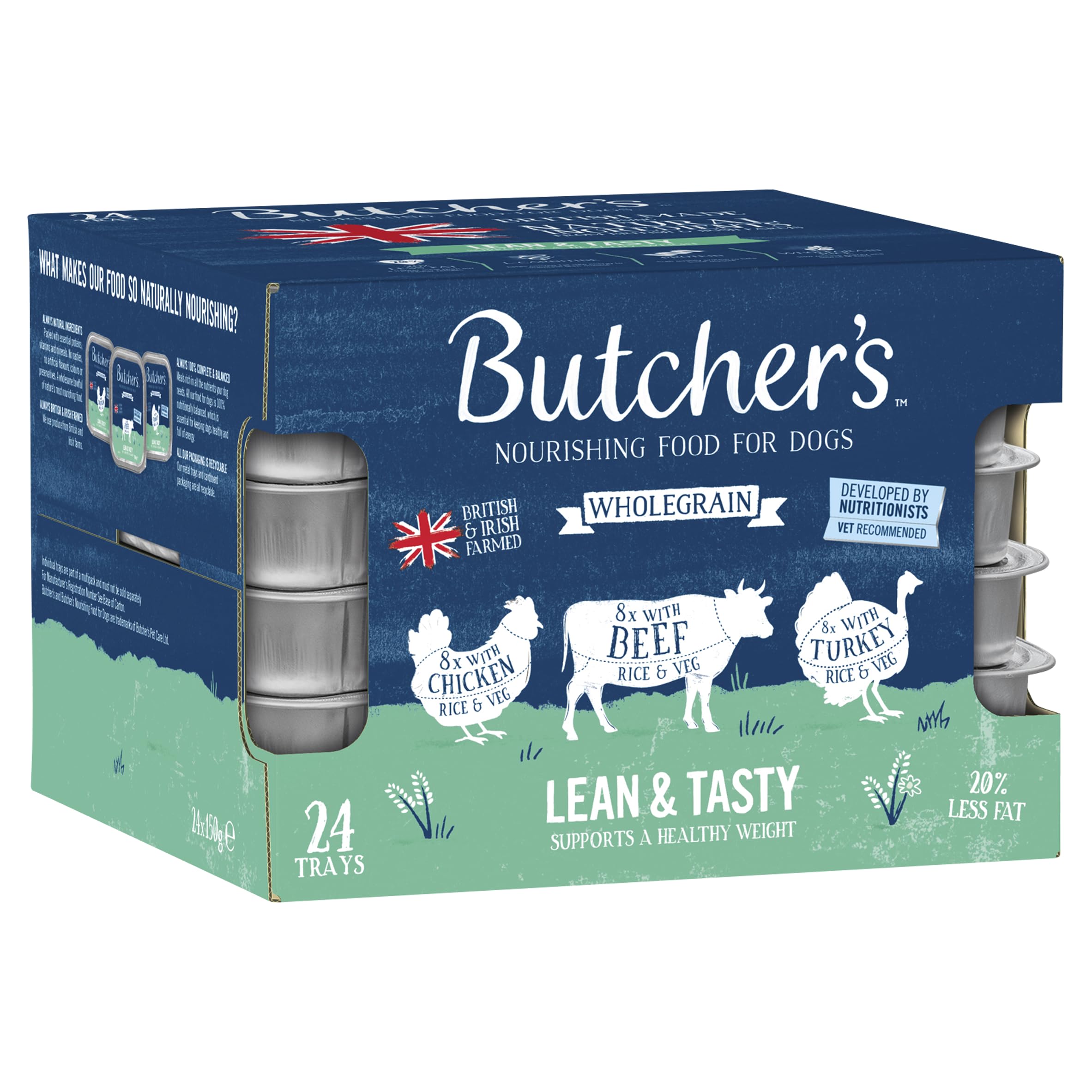 Butcher's Complete Wet Tray Adult Dog Food Lean & Tasty Low Fat Pack 24x150g - Chicken, Beef & Turkey