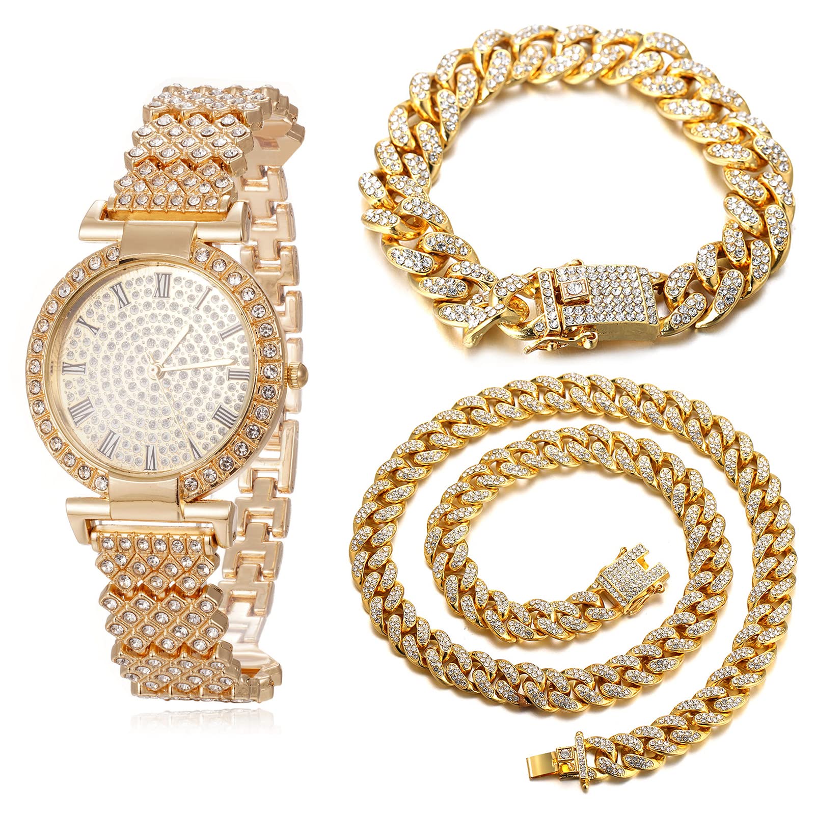HALUKAKAH Diamenty złoty zegarek Iced Out, damski 18-karatowe prawdziwe złoto/różowe złoto/platynowy biały pozłacany 33 mm szerokość okrągła tarcza kwarcowa opaska na nadgarstek 19 cm z kubańskim