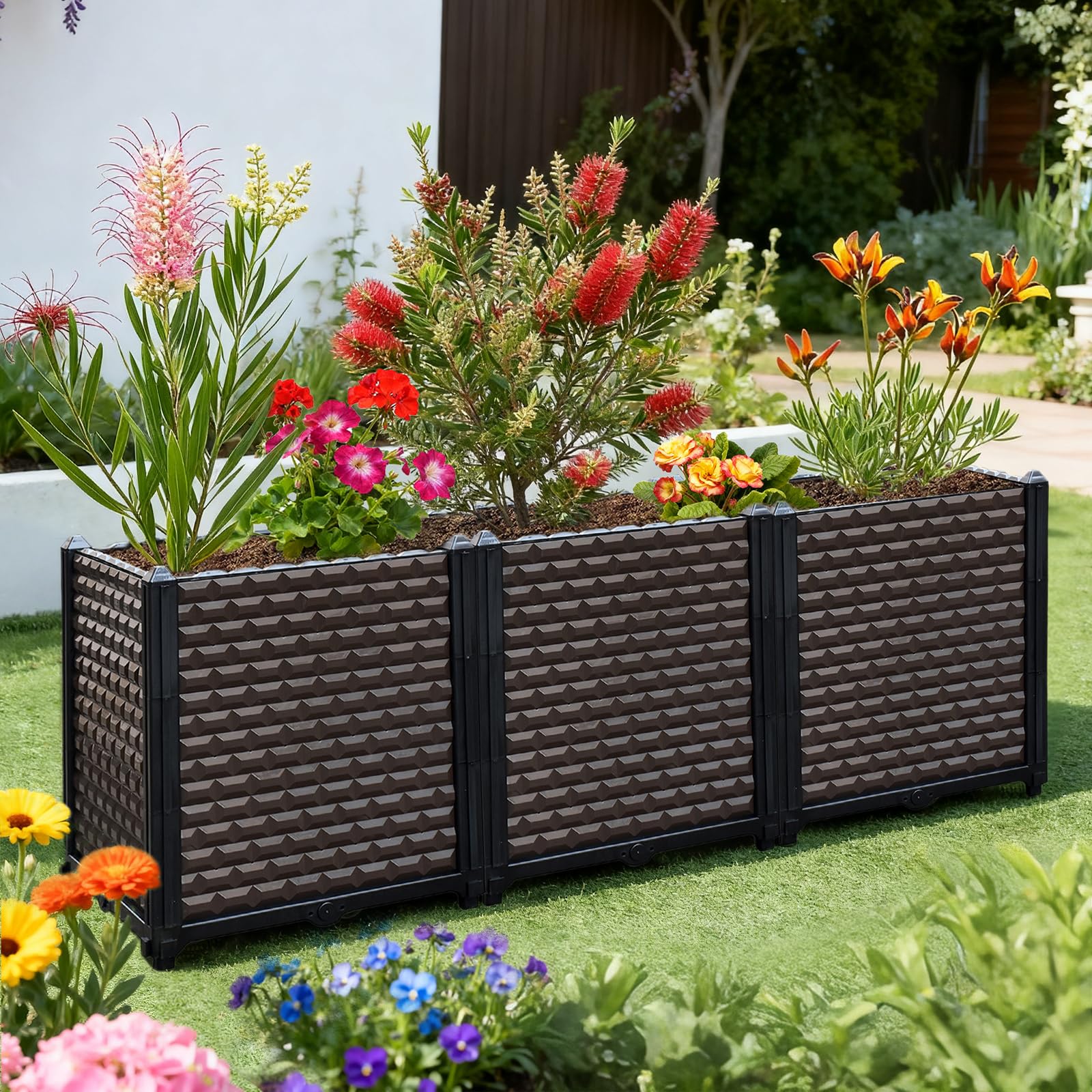 Macetas grandes para plantas al aire libre, juego de 3, camas elevadas para jardinería, riego automático, maceta elevada con patas, macetas rectangulares para plantas al aire libre, flores, verduras