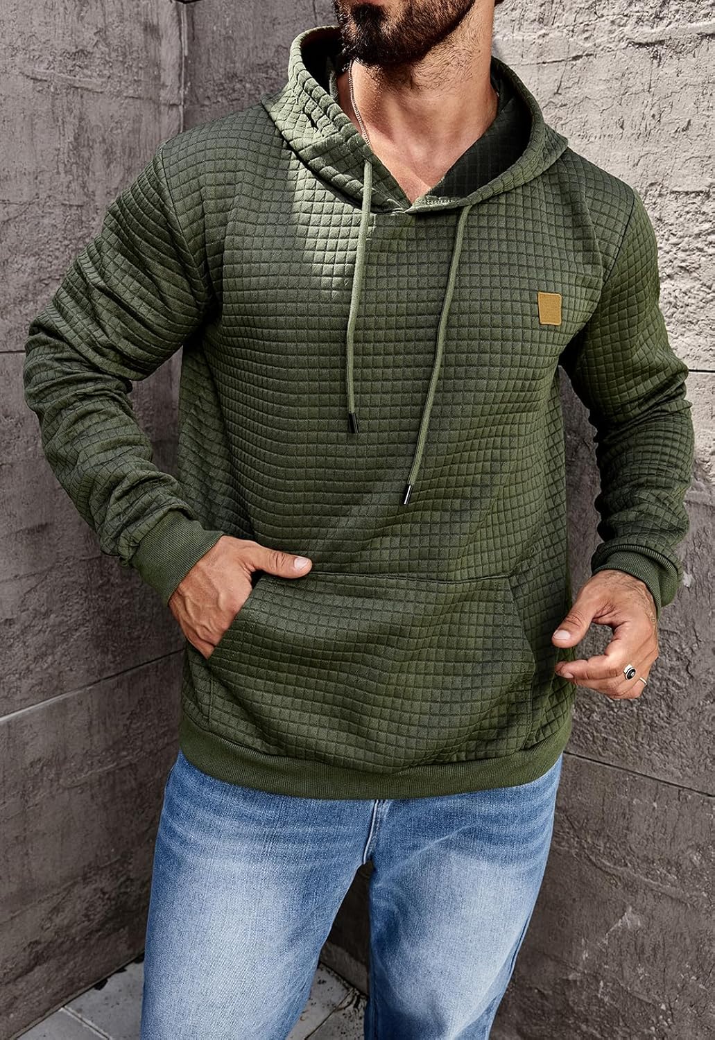 Aiyino Men's Hoodies Pullover Casaul Long Sleeve Drawstring Waffle Knit Hooded Sweatshirt with Kanga Pocket - Image 2