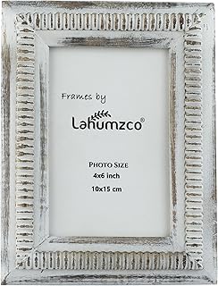 4x6 Rustic Wooden Photo Frame, White Wash Distressed Picture Frame with Carved Beaded Border, Farmhouse Vintage Wall & Tabletop Decor, Boho Shabby Chic Frame for Home or Office