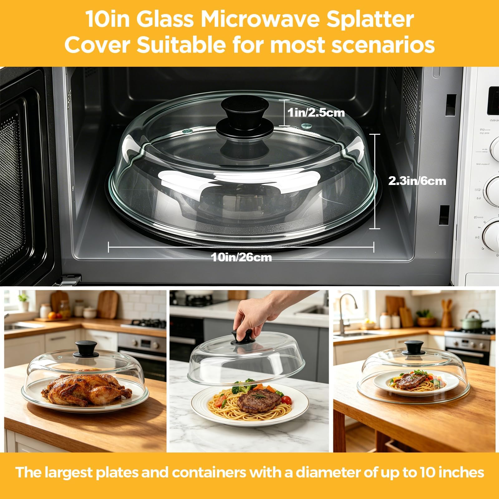 10in Cloche Micro Onde Verre, Couvercle Micro-Ondes En Verre Borosilicaté, Sans Bpa, Avec Trou D'aération, Compatible Lave-Vaisselle, Convient Aux Cuisines Et Aux Bureaux