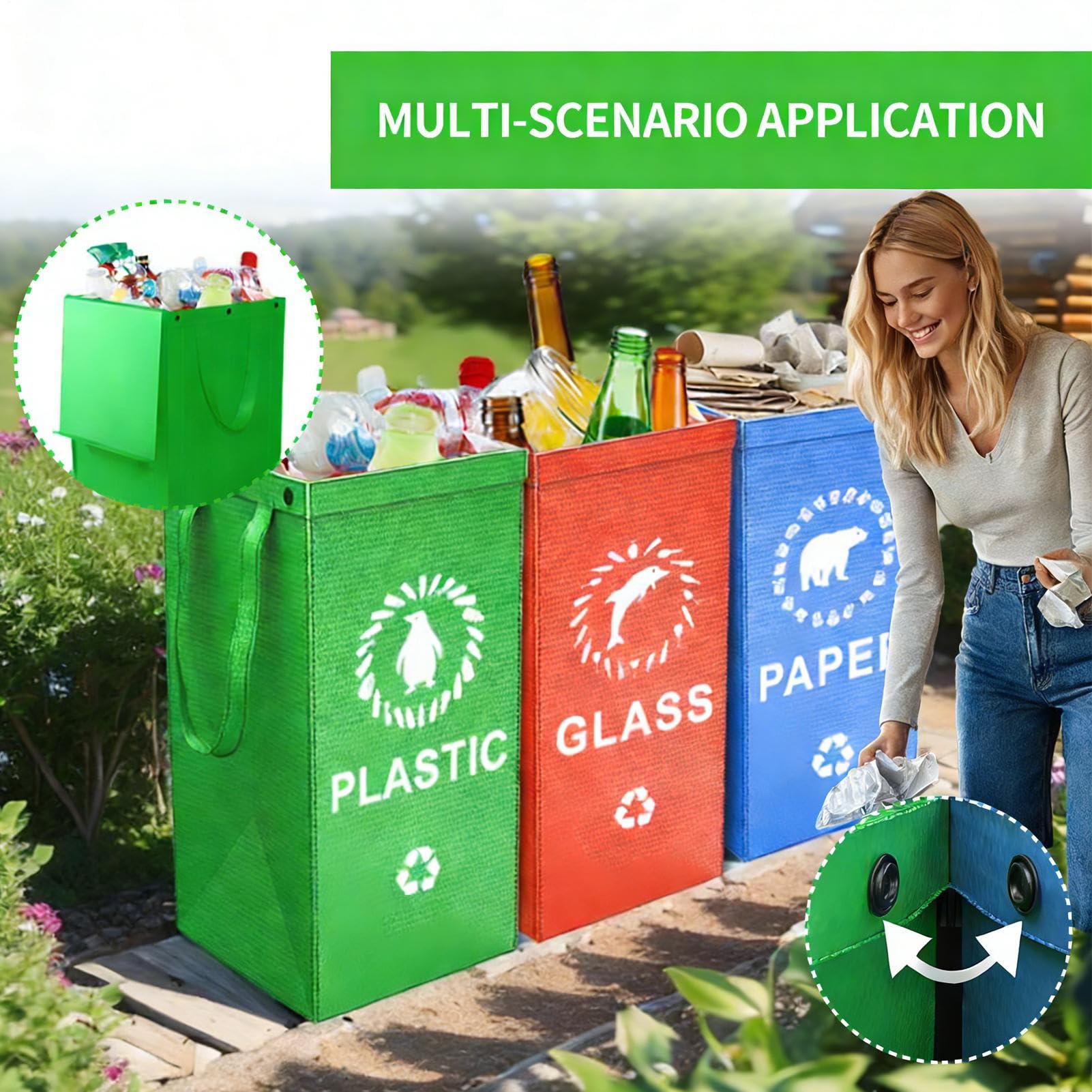 Bolsas De Reciclaje Reutilizables | Bolsas De Reciclaje Separadas | Sacss Dee Tri Impermeables Y Resistentes Con Asas | Cesta De Almacenamiento Plegable Para La Cocina | Oficina | Patio | Césped | Po